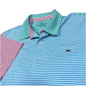 Vineyard Vines Shirt Sz Large Blue Green Red Stripe Polo Whale Logo Performance